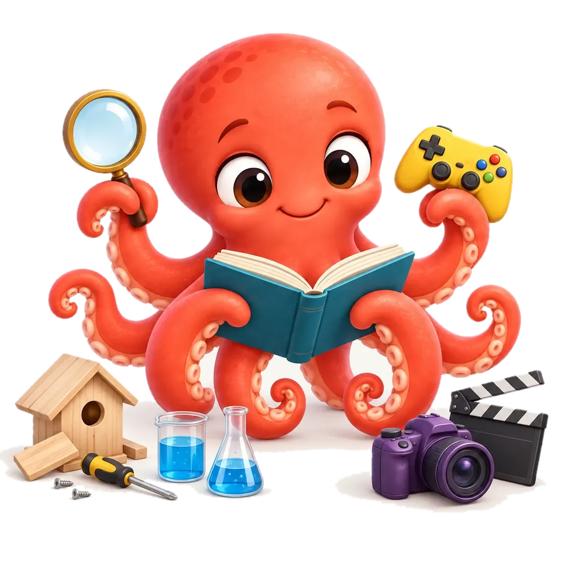 Kit, a friendly coral octopus, holding a magnifying glass, a book, and a game controller, with a birdhouse, beakers, and a camera around it