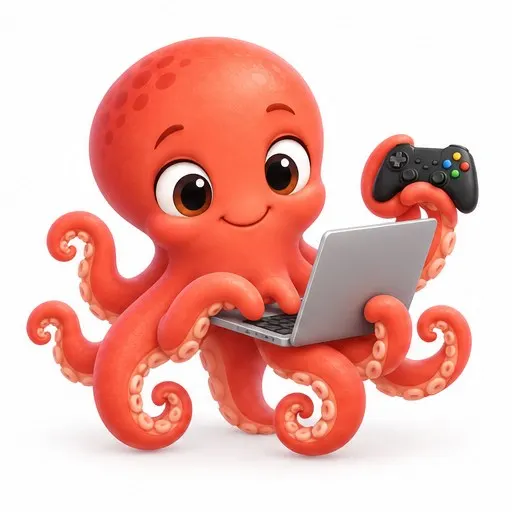 Kit the octopus holding a game controller