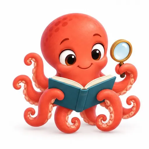Kit the octopus reading a book and holding a magnifying glass
